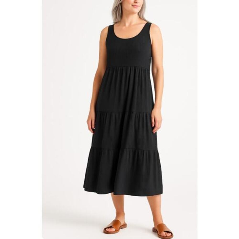 J.Jill Dress‎ Striped Cotton Blend Flounce Hem Midi Women's Size PM Black